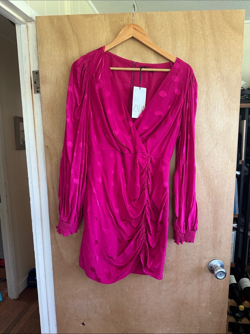 Zara Hot Pink Satin Ruched Dress